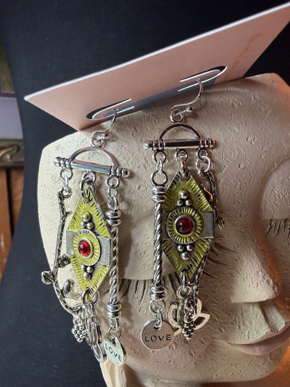Bohemian Silver-Tone Yellow & Red Dangle Earrings with 'LOVE' Charm